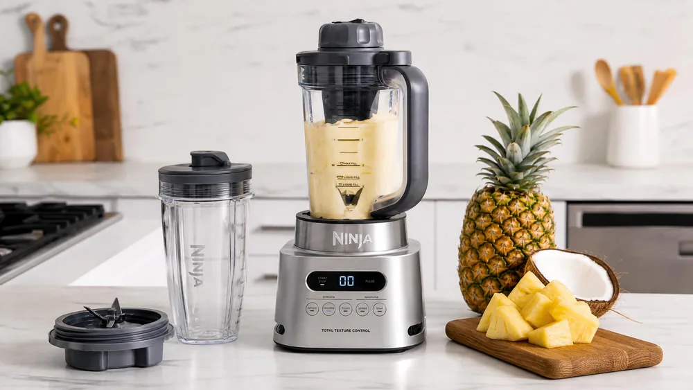 A Ninja SS151 TWISTi blending a thick frozen pina colada, the twist tamper in the pitcher lid, 34 oz pitcher full.