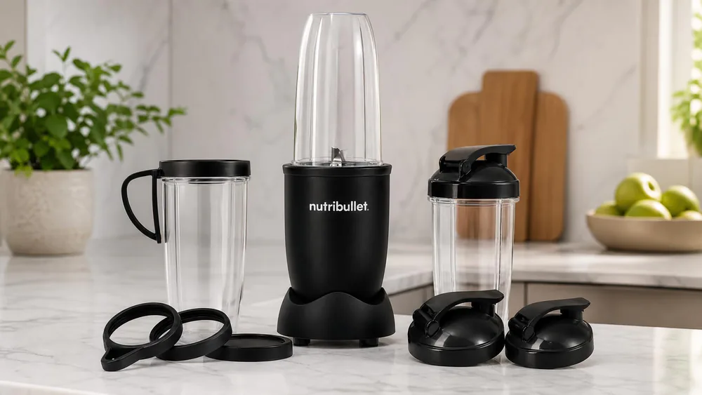 A NutriBullet Pro 900 base with its 32 oz Colossal cup and two 24 oz Tall cups arranged beside it.