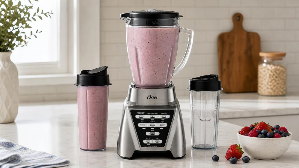 An Oster Pro 1200 with its clear Boroclass glass jar full of a thick frozen smoothie, the brushed base beneath.