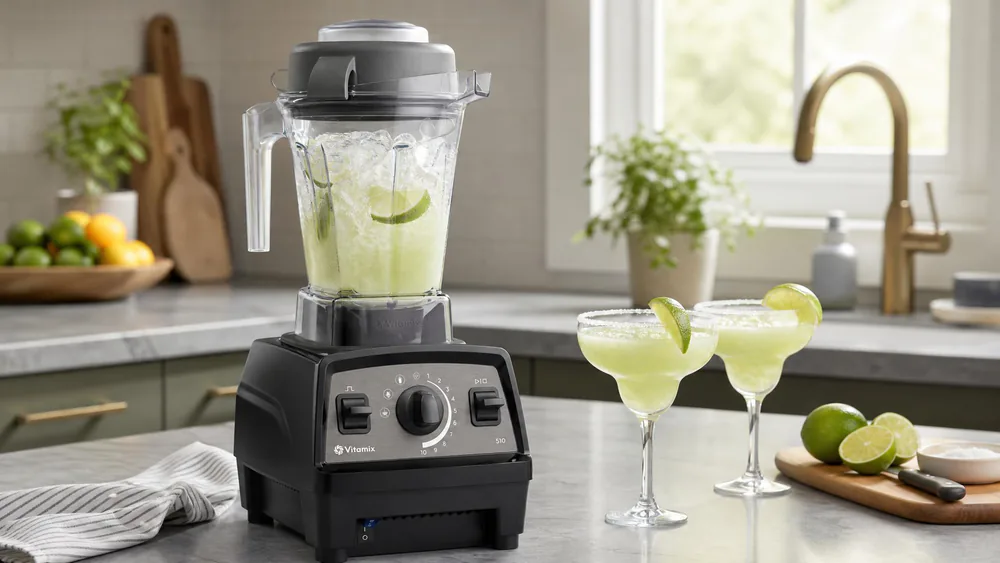 A Vitamix Propel 510 blending a frozen margarita, the 48 oz Tritan container full of ice and lime.