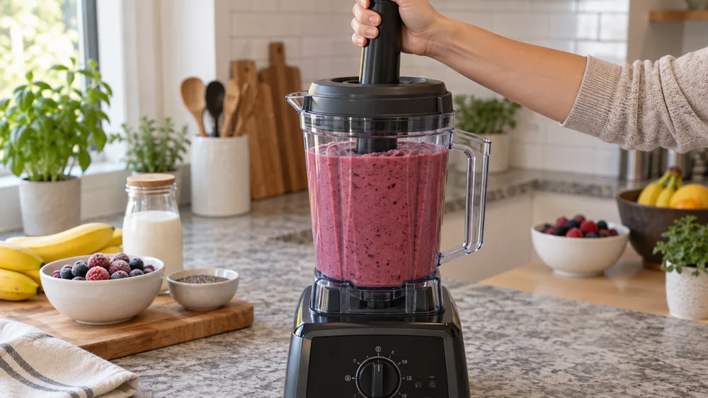 A hand pressing a blender tamper into a thick frozen-fruit blend through the lid opening, with the pitcher filled to the max-fill line.