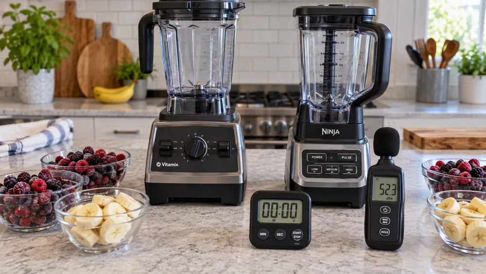 A test-kitchen bench with frozen berries and bananas portioned into bowls, a decibel meter, and a timer laid out beside the blenders.