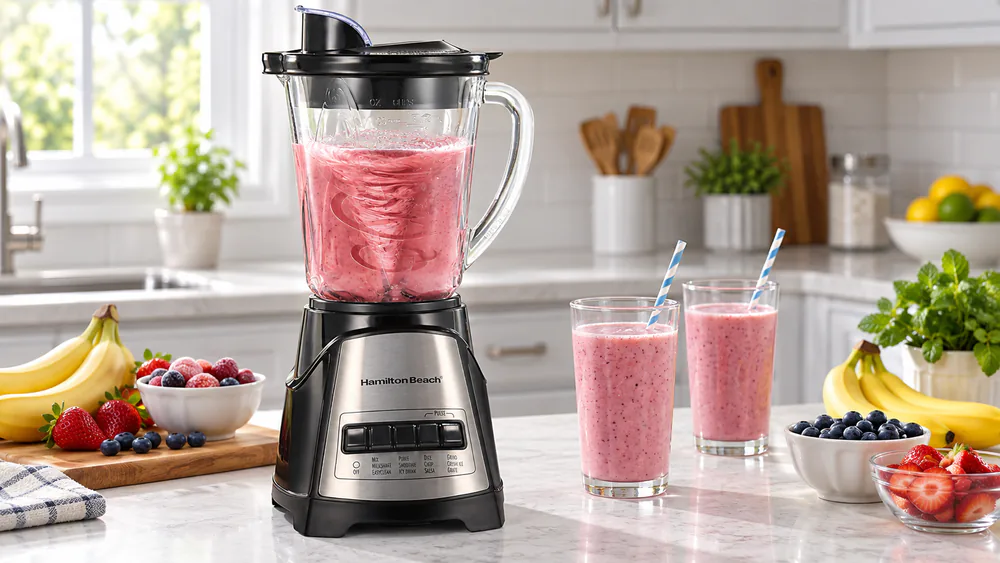 A Hamilton Beach Power Elite 58148A with its 40-oz glass jar, clear contents showing the Wave~Action pattern mid-blend.
