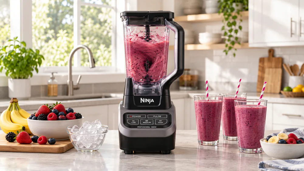 A Ninja Professional BL610 on a counter mid-blend, the 72-oz pitcher filled with a frozen fruit smoothie, contents visibly swirling to the bottom.