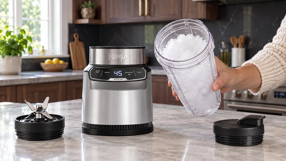 A Ninja Nutri-Blender Pro BN401 with a 24-oz cup of crushed snow-like ice tilted toward the camera.