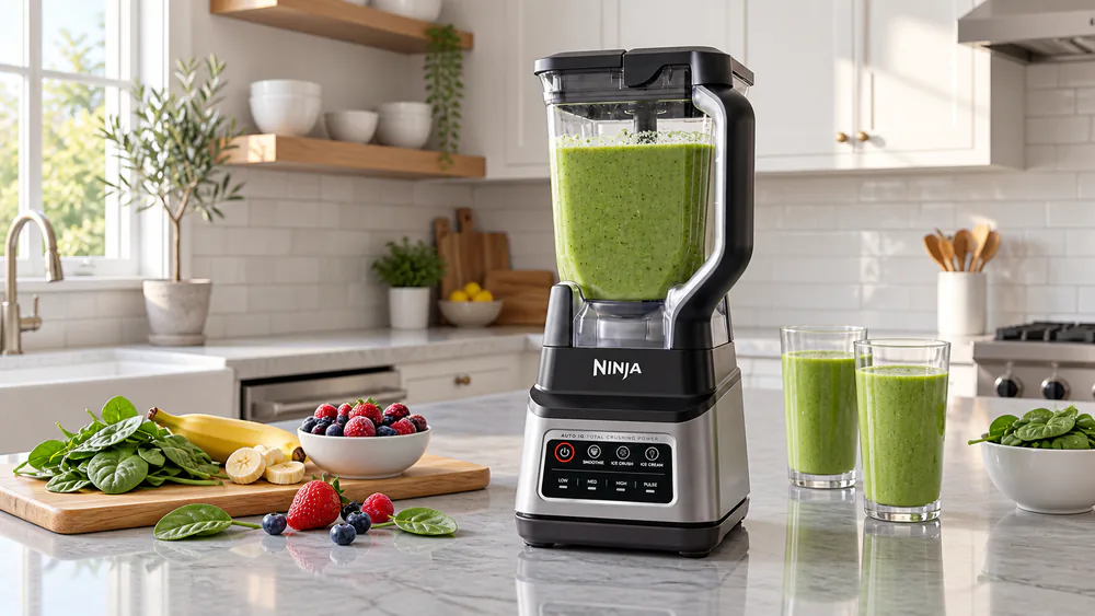 A Ninja Professional Plus BN701 with its 72-oz pitcher full of a green smoothie on a kitchen island, lid locked in place.