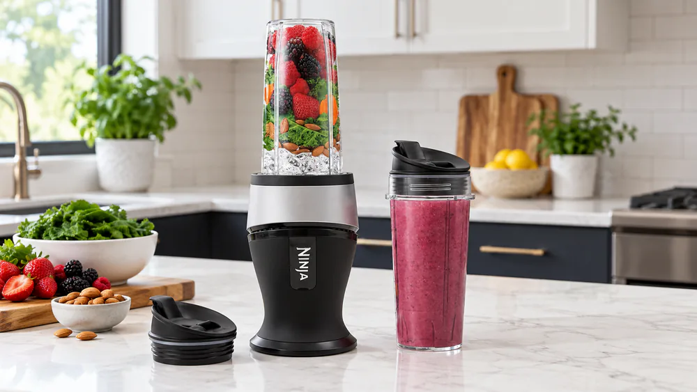 A Ninja Fit QB3001SS base with a 16-oz cup locked in place and the spout lid beside it on a bright kitchen counter.