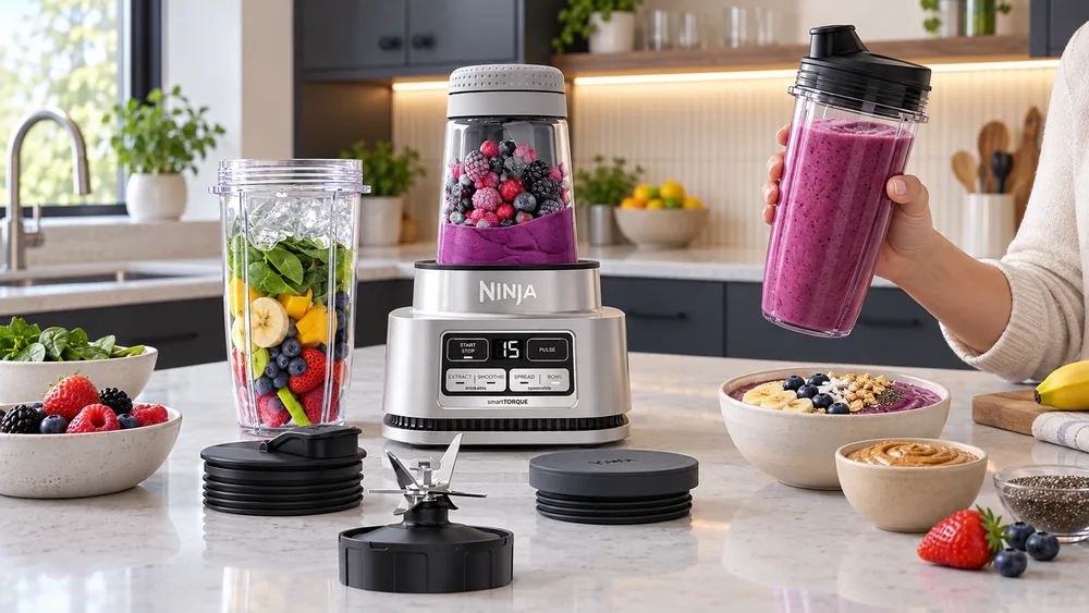 A Ninja SS101 cup full of a thick berry smoothie with the spout lid on, held at an angle to show the silky texture with no visible chunks.