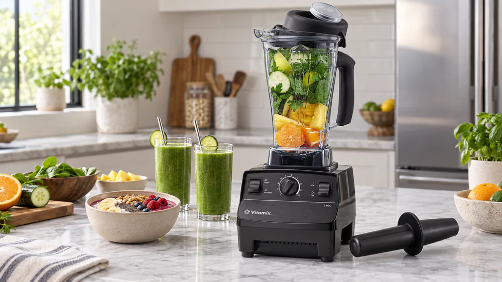 A Vitamix 5200 with its 64-oz tall jar, the lid cap open and the tamper resting on the counter beside it.