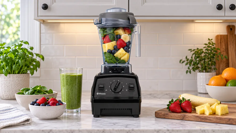 A Vitamix Explorian E310 on a counter beneath upper cabinets, the 48-oz low-profile jar clearing the cabinet with the lid on.