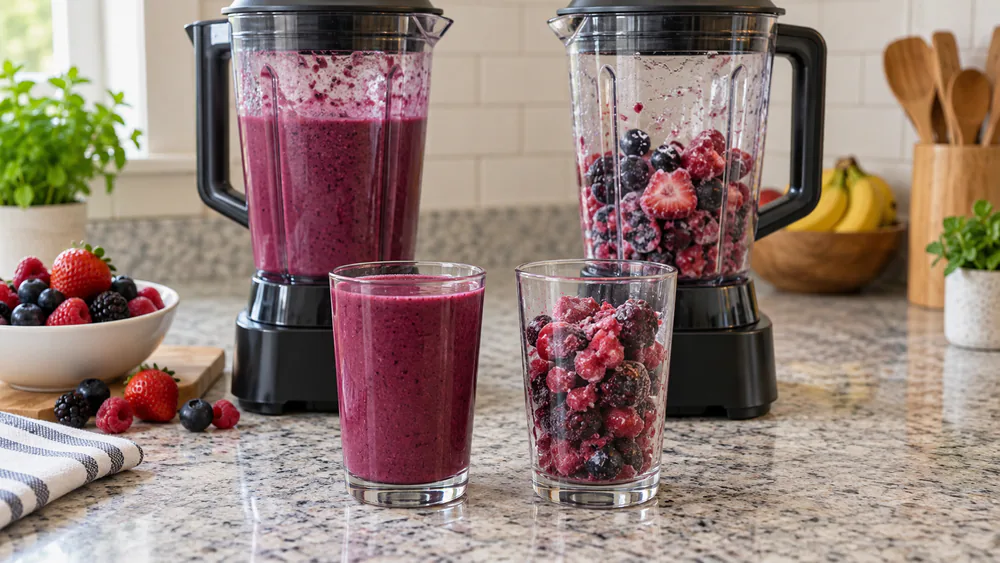 Side-by-side frozen berry blend test on a counter, one glass of smooth puree beside a chunky failed blend that stalled with no liquid, two blender jars behind.