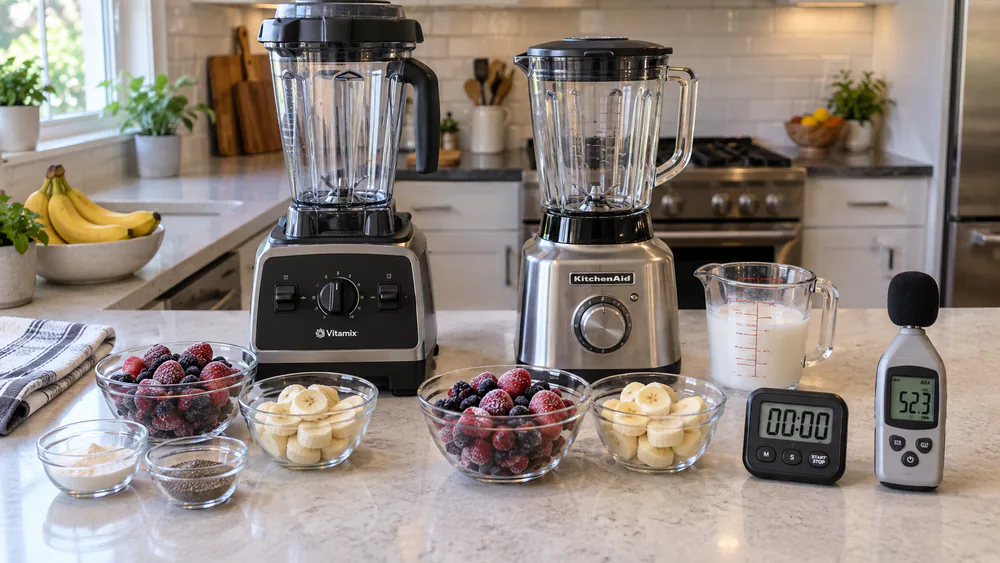 A test-kitchen bench with frozen berries and bananas portioned into bowls, a timer, and a decibel meter laid out beside the blenders.