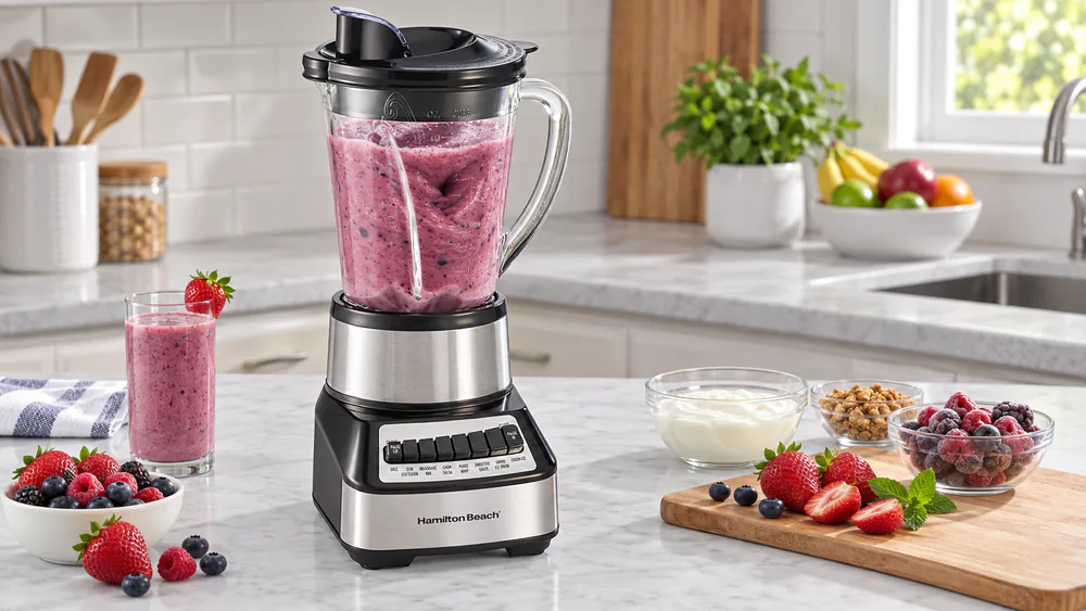 A Hamilton Beach Power Elite 54221 with its 40-oz glass jar full of a frozen berry smoothie, contents visibly circulating.