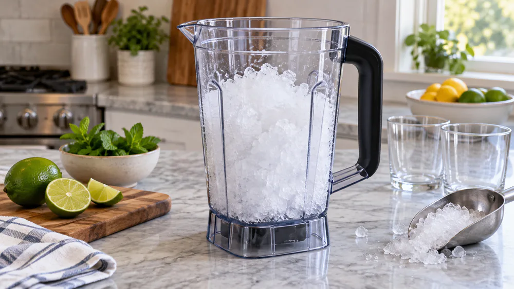 A clear pitcher of crushed ice fresh from a blend test, snow-like texture visible through the plastic, on a test-kitchen counter.