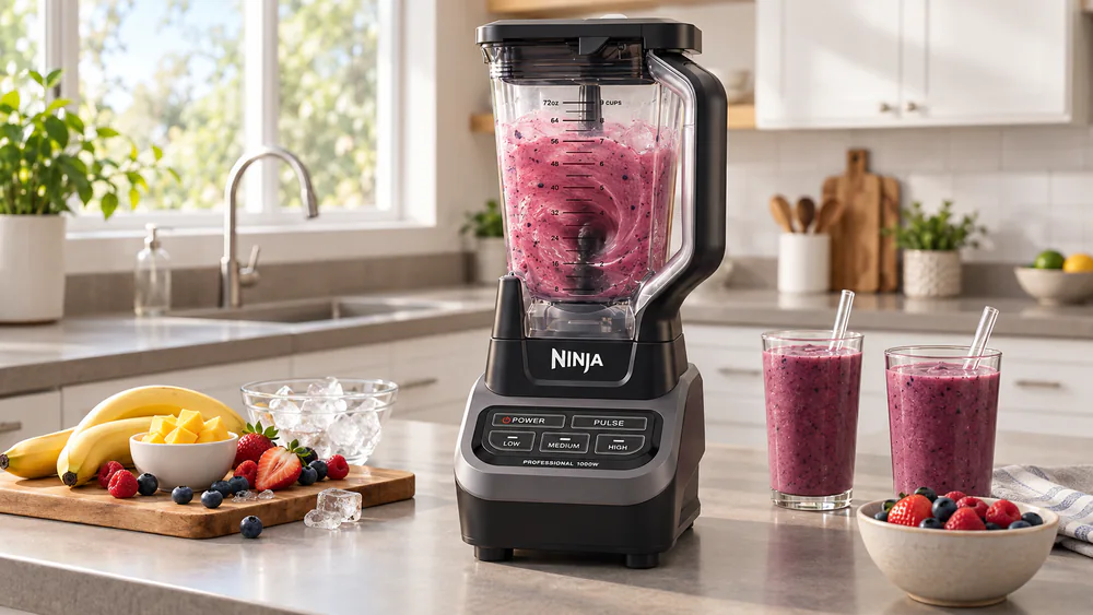 A Ninja Professional BL610 mid-blend, the 72-oz pitcher filled with a frozen fruit smoothie and contents visibly swirling down into the blade stack.