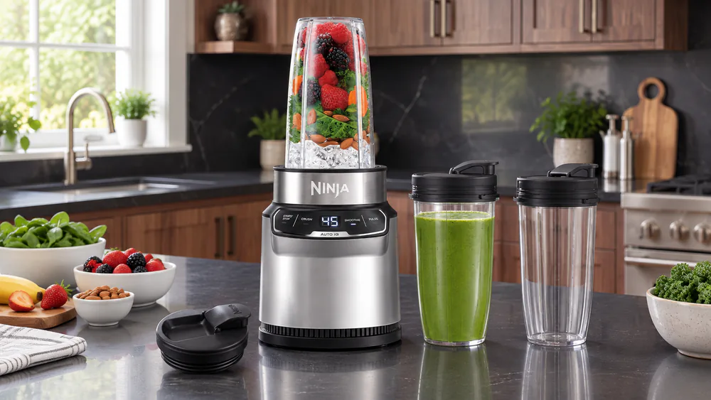 Two Ninja BN401 24-oz to-go cups with spout lids beside the base on a kitchen counter, one cup showing a thick green smoothie.