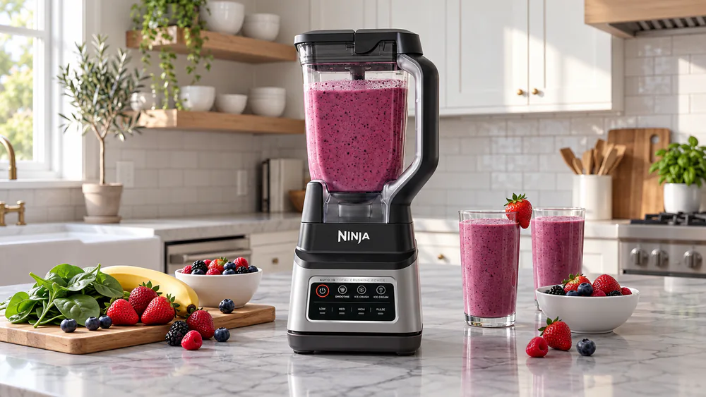 A Ninja BN701 Professional Plus with the 72-oz pitcher full of a frozen berry smoothie on a kitchen counter, lid locked in place.