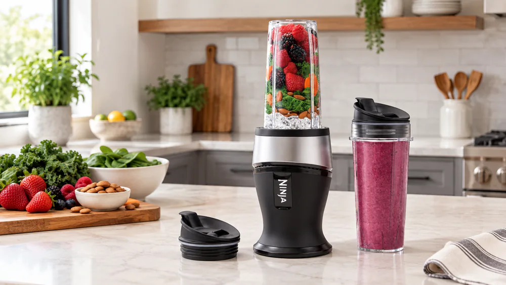 A Ninja Fit QB3001SS base with a 16-oz cup locked in place and the spout lid beside it on a bright kitchen counter.