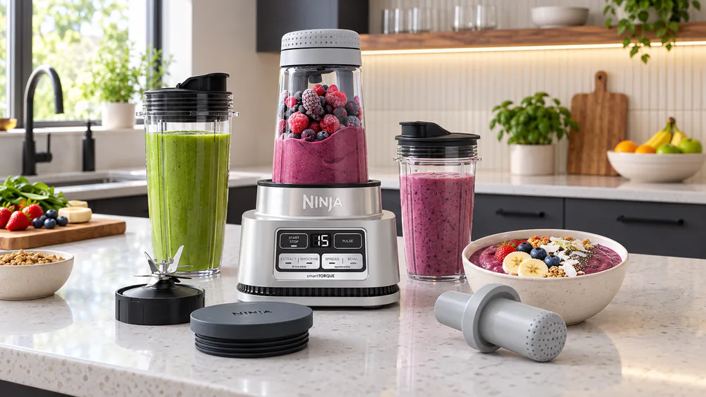 A Ninja SS101 smoothie bowl cup filled with a thick, spoon-thick frozen blend, the built-in tamper resting beside it on the counter.