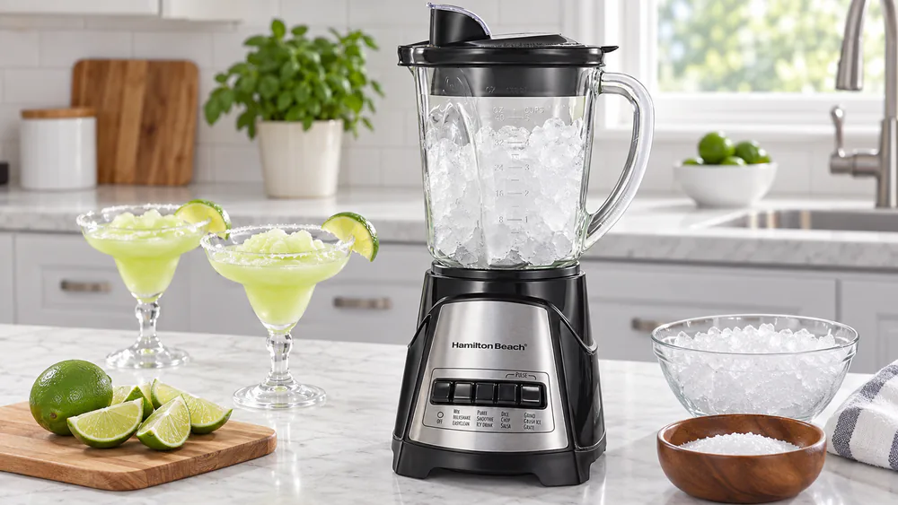 A Hamilton Beach Power Elite with its 40-ounce glass jar full of crushed ice, the Crush Ice button on the panel.