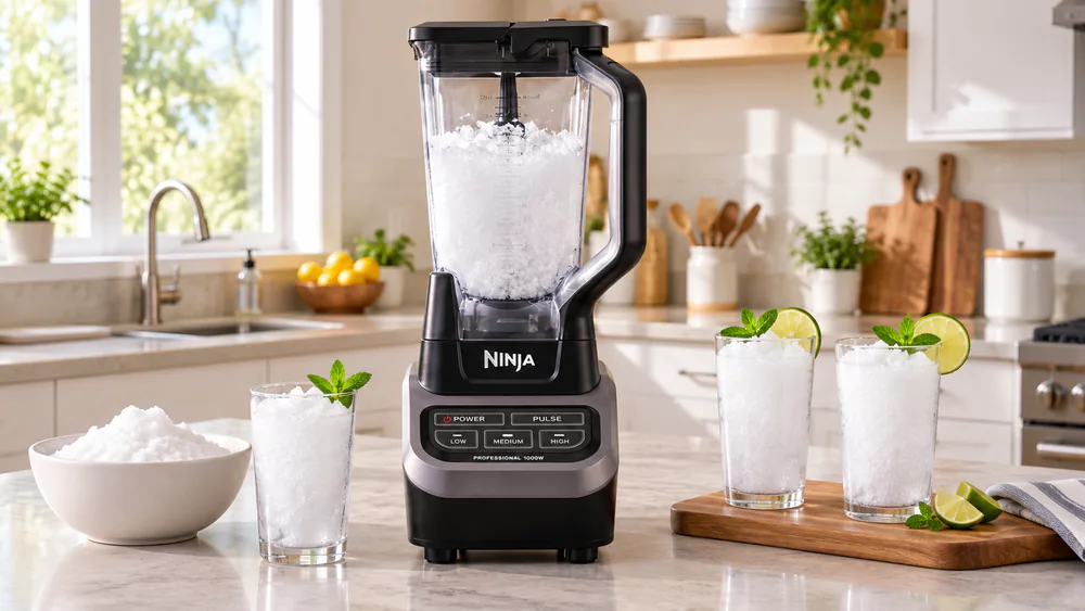 A Ninja BL610 with its 72-ounce pitcher full of powdery crushed snow, fine texture.