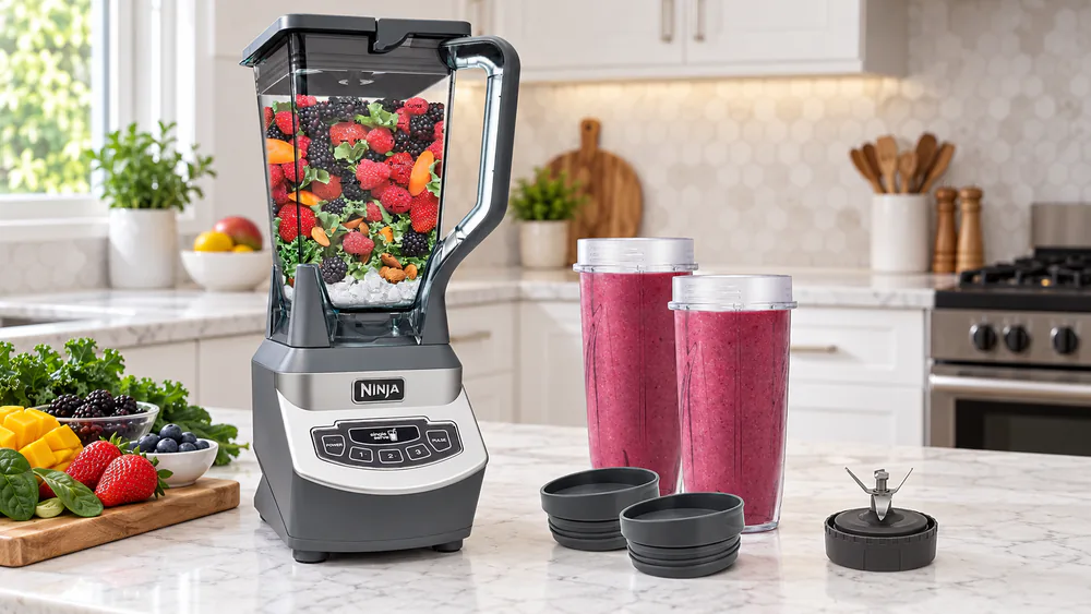 Two frozen drinks in Ninja BL660 to-go cups, fine crushed ice with no large chunks.