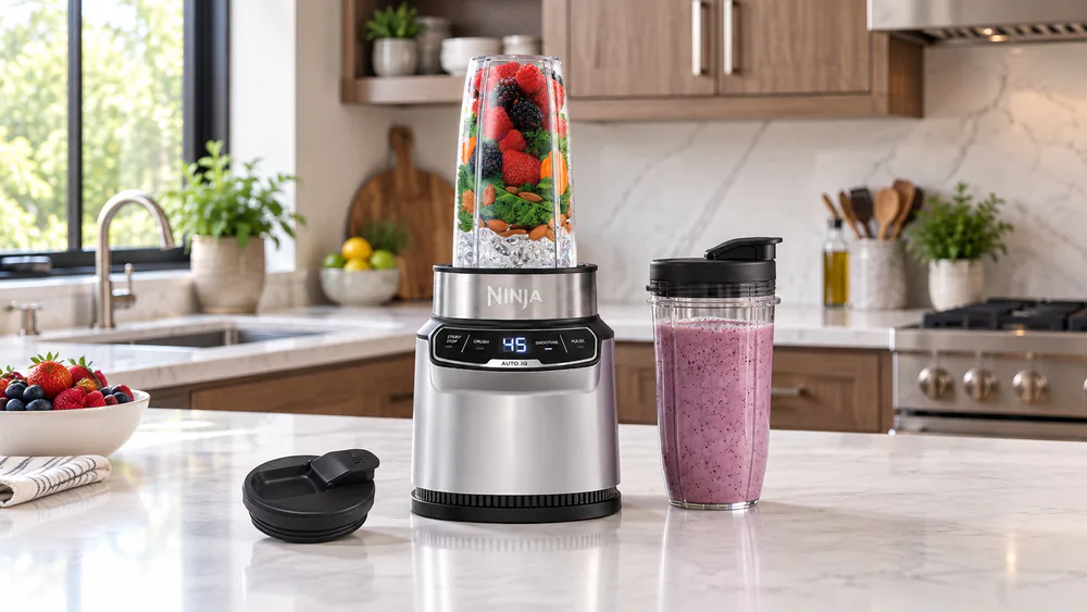 A Ninja Nutri Pro BN401 with a 24-ounce cup of smoothie lifted off the base, spout lid ready to travel.