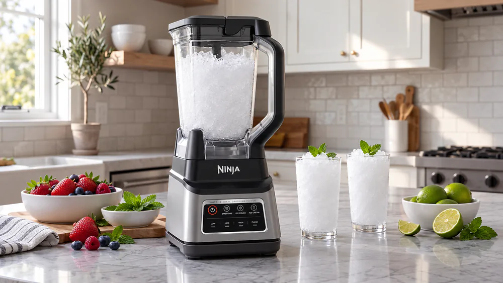 A Ninja BN701 with its 72-ounce pitcher full of snow-fine crushed ice, no chunks visible.