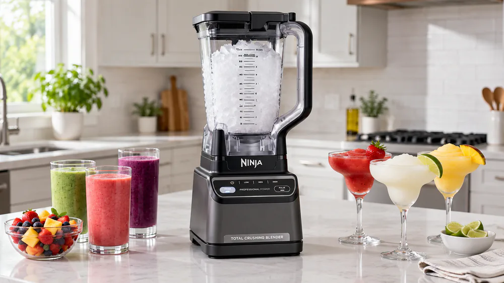A Ninja BR201AMZ with its 72-ounce pitcher full of fluffy crushed snow, Auto-iQ Crush preset light on the panel.