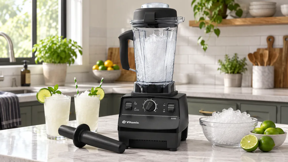 A Vitamix 5200 with its 64-ounce container full of snow-fine crushed ice, tamper beside the base.