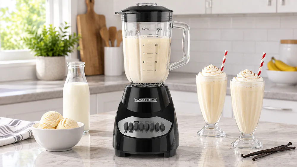 A BLACK+DECKER 10-Speed BL2010BG with its glass jar filled with a vanilla shake, a scoop of ice cream beside it.