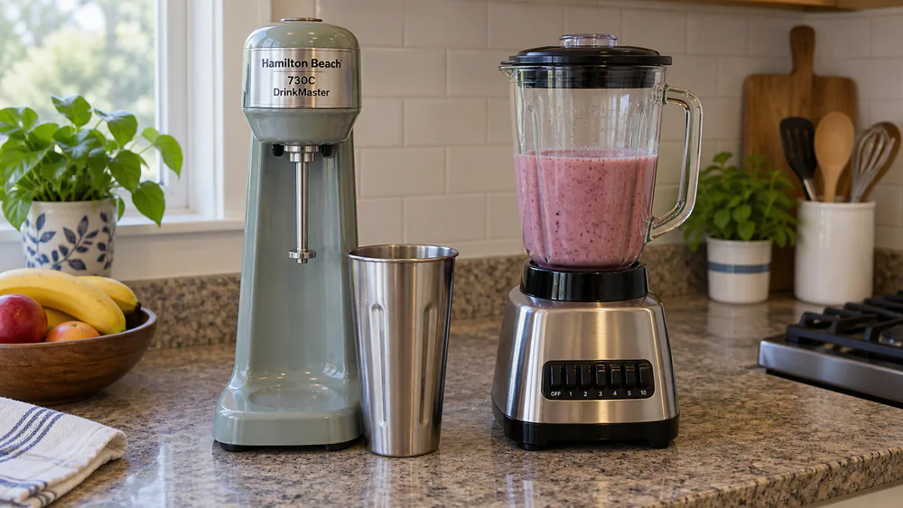 A Hamilton Beach 730C DrinkMaster with its stainless mixing cup beside a full-size glass jar blender, both on a kitchen counter.