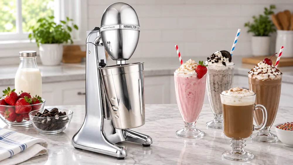 A Hamilton Beach 730C DrinkMaster on a kitchen counter, its 28-oz stainless cup tilted back on the stand.