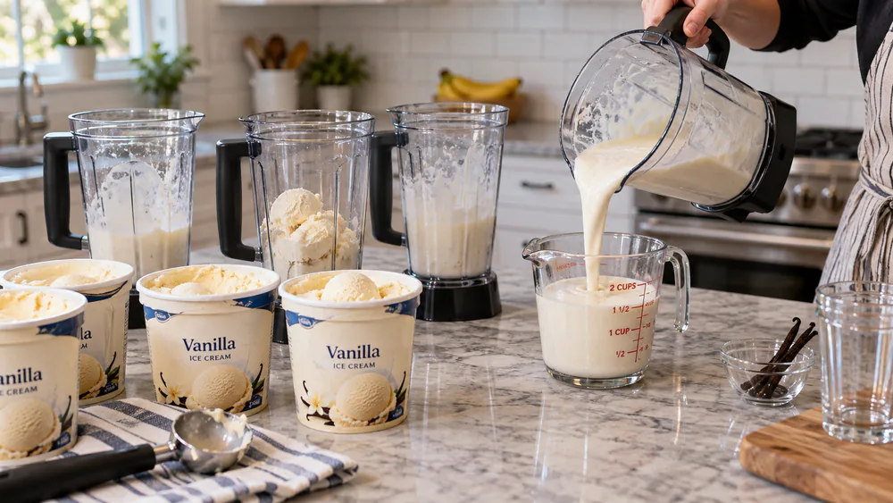 A test kitchen counter lined with blender pitchers and quarts of vanilla ice cream, one blender mid-pour over a measuring cup.