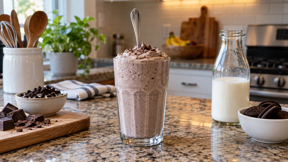 A spoon standing upright in a thick milkshake inside a glass, the shake holding its shape.