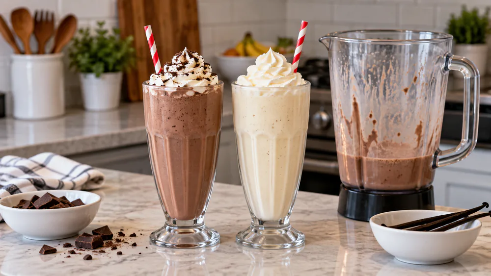 Two tall glasses of thick chocolate and vanilla milkshakes on a kitchen counter, topped with whipped cream, a blender pitcher beside them.