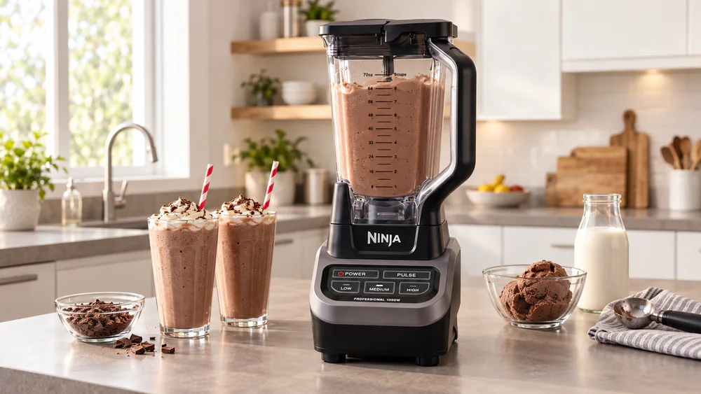 A Ninja Professional BL610 with its 72-oz pitcher filled with thick chocolate milkshake, glasses waiting on the counter beside it.