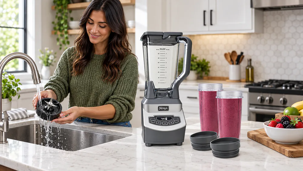 A Ninja Professional BL660 pitcher held over a kitchen sink, the stacked blade assembly visible and being rinsed.