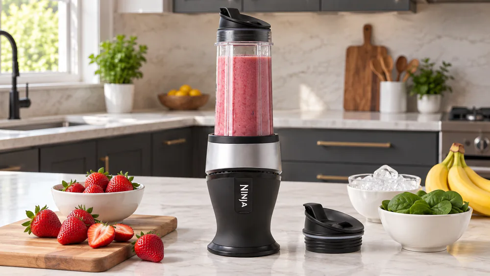 A Ninja Fit Compact QB3001SS with a 16-oz cup of strawberry shake, spout lid twisted on, sitting on a counter.