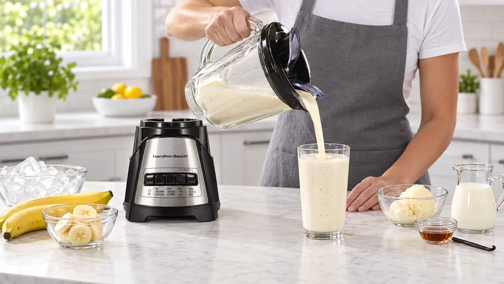 A Hamilton Beach Power Elite 58148A with its 40-oz glass jar tilted, thick vanilla shake pouring into a glass.