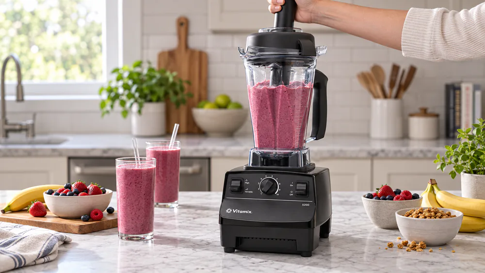 A Vitamix 5200 with its 64-oz container filled with thick shake, the tamper pressing down through the lid opening.