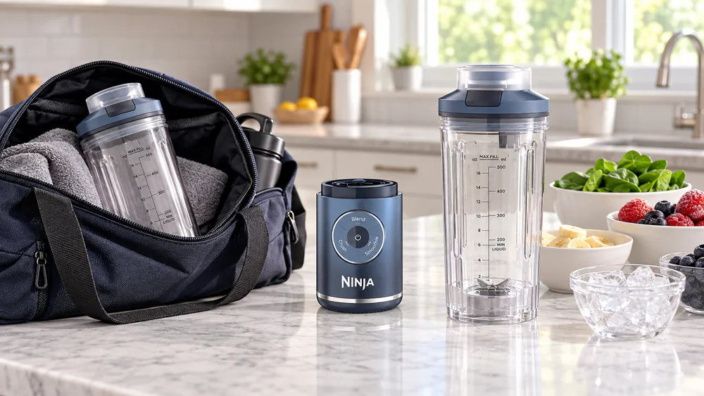 The Ninja Blast Max cordless blender with its 22-ounce vessel detached, packed into a gym bag.