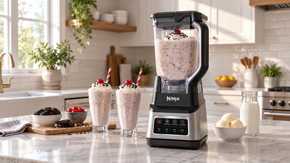 The Ninja Professional Plus BN701 with its 72-ounce pitcher full of a thick milkshake.