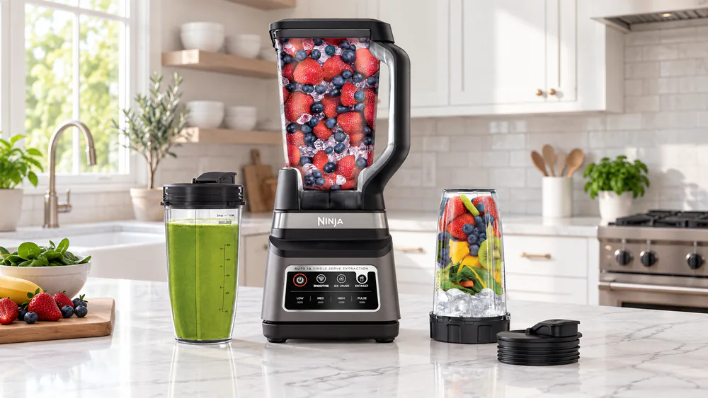 The Ninja Professional Plus DUO with its 72-ounce pitcher and two to-go cups.