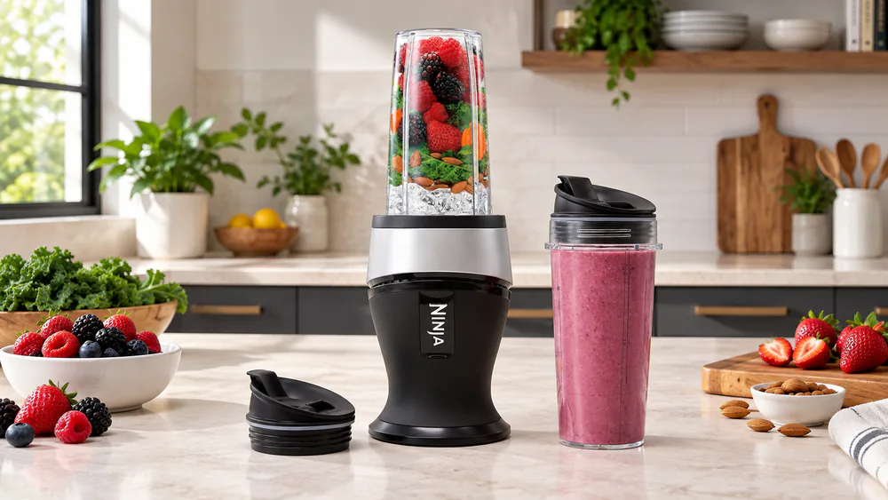 The compact Ninja Fit QB3001SS on a counter with a 16-ounce cup of milkshake-textured shake.