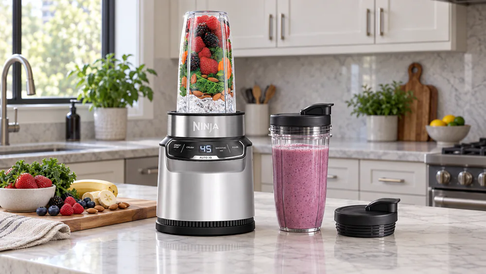 The Ninja Nutri-Blender Pro BN401 with its two 24-ounce cups, one full of a smooth shake.