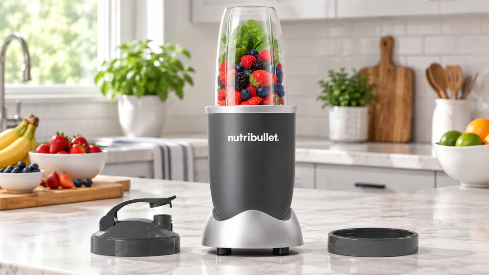 The NutriBullet 600 with its 24-ounce cup threaded on the motor base.
