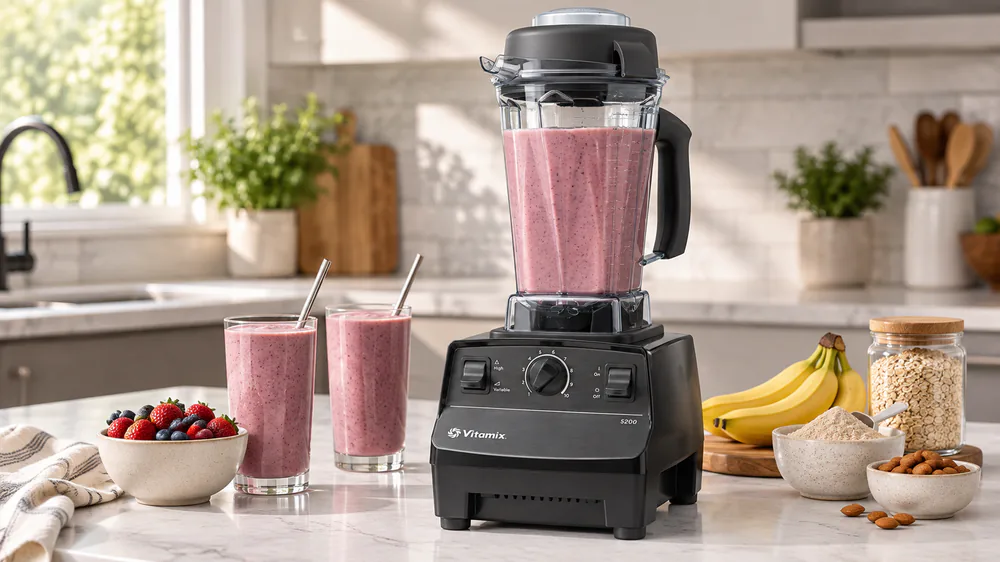 The Vitamix 5200 with its 64-ounce Tritan container full of a silky smooth protein shake.