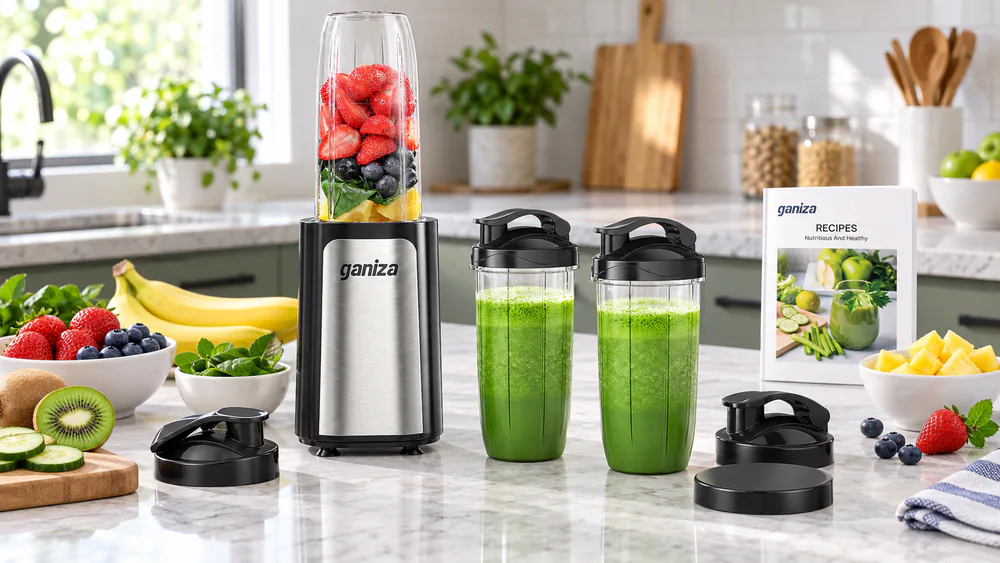A Ganiza 14-piece personal blender set with its three cups, to-go lids, and motor base on a kitchen counter.