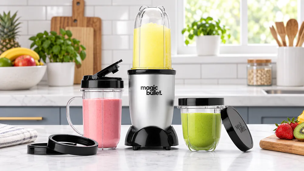 A Magic Bullet 11-piece set laid out on a counter, showing the motor base, tall and short cups, party mug, and blade assemblies.